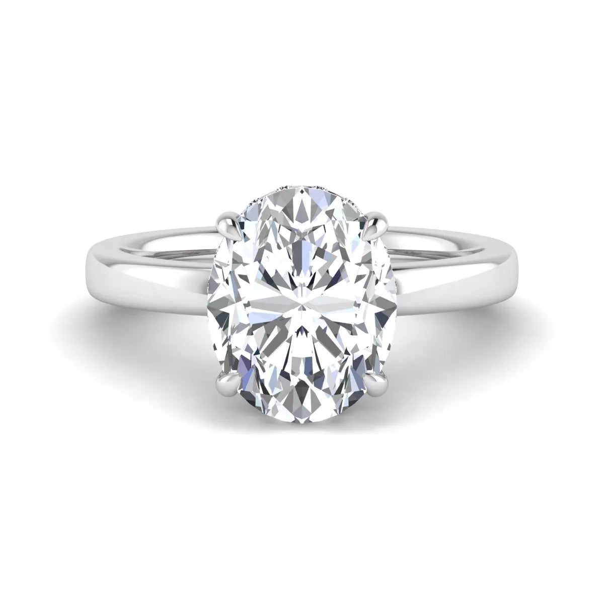 IGI certified oval cut lab grown diamond hidden halo solitaire engagement ring in white gold.