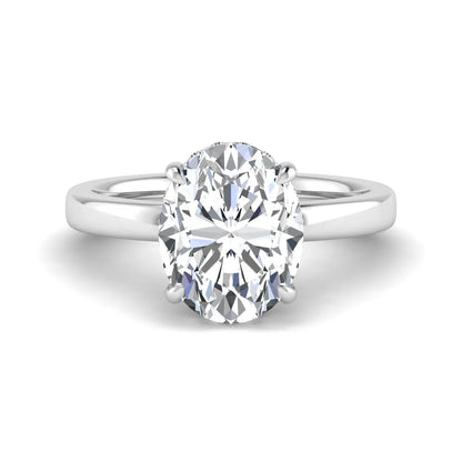 IGI certified oval cut lab grown diamond hidden halo solitaire engagement ring in white gold.