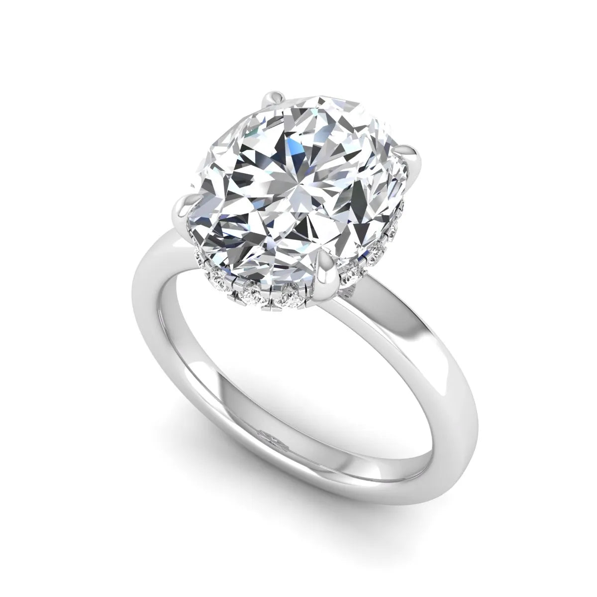 IGI certified oval cut lab grown diamond hidden halo solitaire engagement ring in white gold.