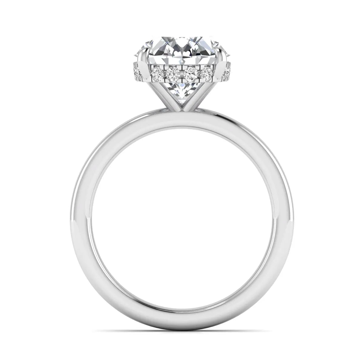 IGI certified oval cut lab grown diamond hidden halo solitaire engagement ring in white gold.