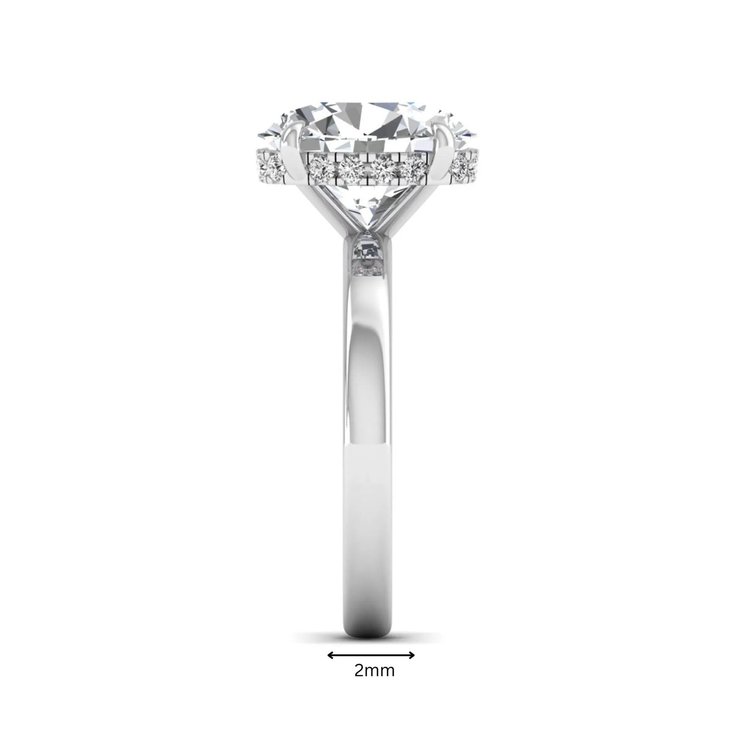 IGI certified oval cut lab grown diamond hidden halo solitaire engagement ring in white gold.