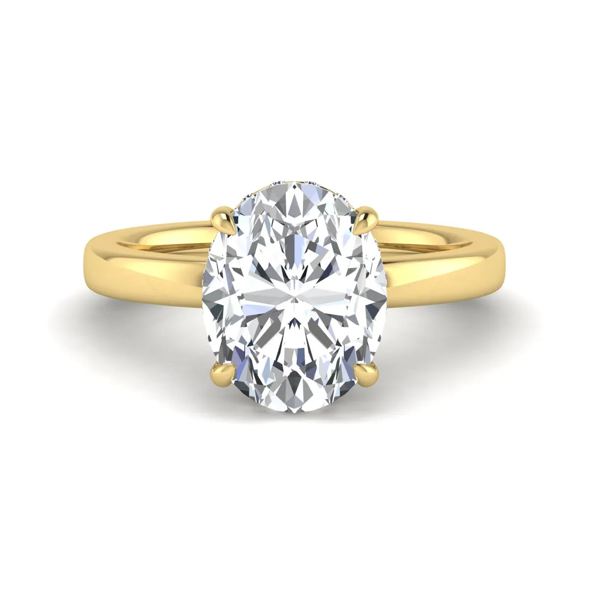 IGI certified oval cut lab grown diamond hidden halo solitaire engagement ring in yellow gold.