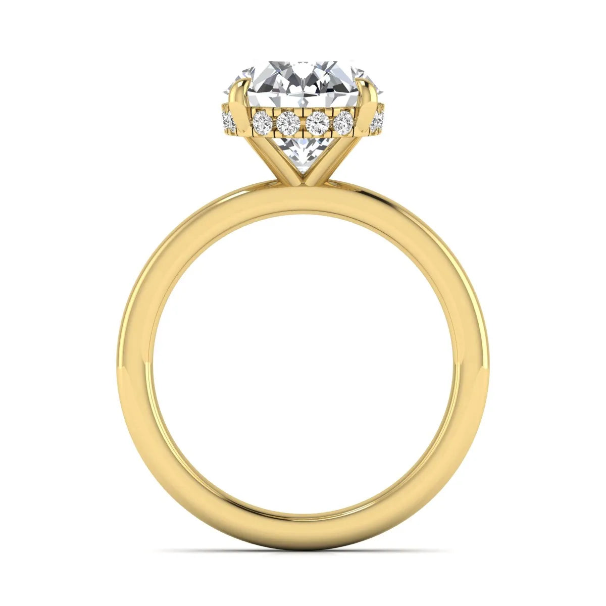 IGI certified oval cut lab grown diamond hidden halo solitaire engagement ring in yellow gold.