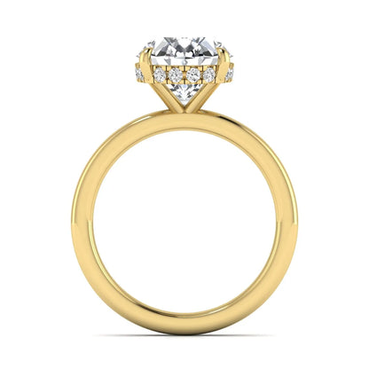 IGI certified oval cut lab grown diamond hidden halo solitaire engagement ring in yellow gold.