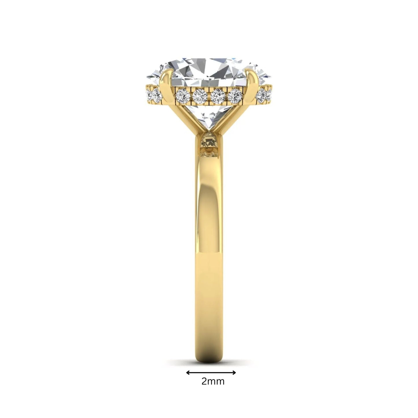 IGI certified oval cut lab grown diamond hidden halo solitaire engagement ring in yellow gold.