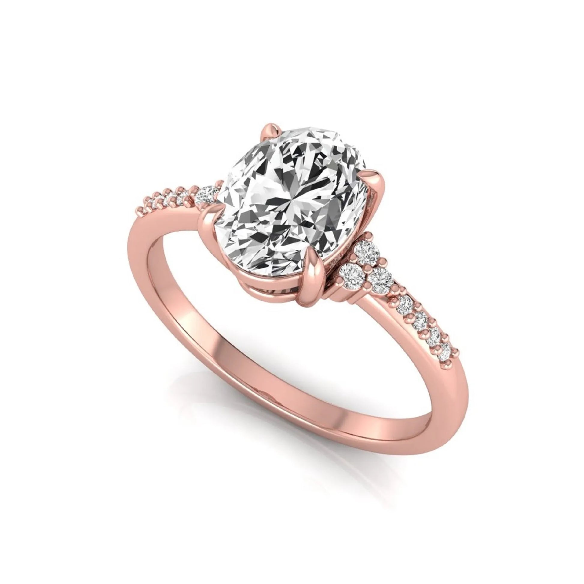 Oval cut lab grown diamond side stone engagement ring featuring a 1.40 carat IGI certified center diamond with round accent diamonds in rose gold.