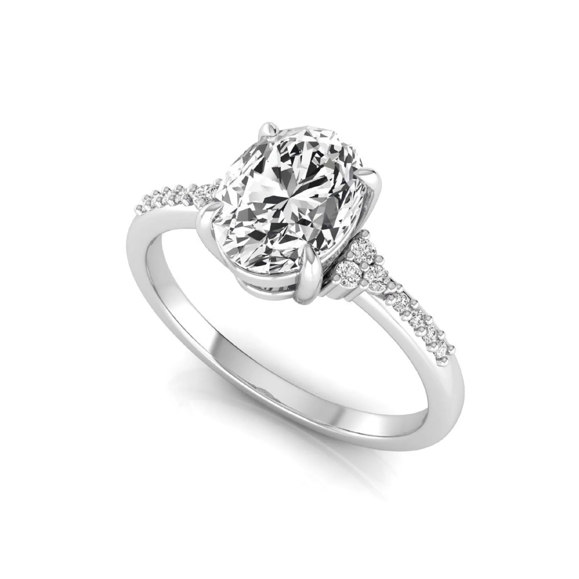 Oval cut lab grown diamond side stone engagement ring featuring a 1.40 carat IGI certified center diamond with round accent diamonds in white gold.