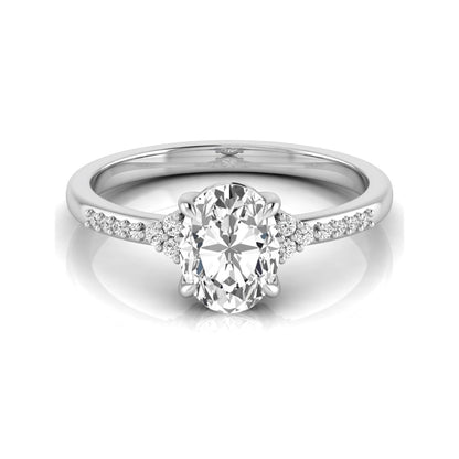 Oval cut lab grown diamond side stone engagement ring featuring a 1.40 carat IGI certified center diamond with round accent diamonds in white gold.