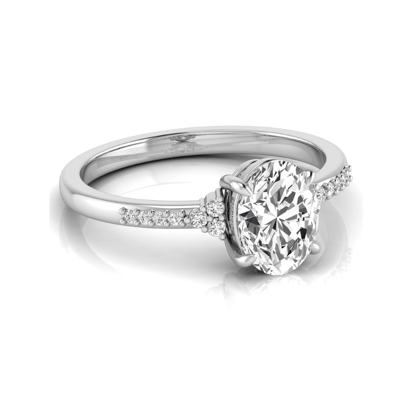 Oval cut lab grown diamond side stone engagement ring featuring a 1.40 carat IGI certified center diamond with round accent diamonds in white gold.