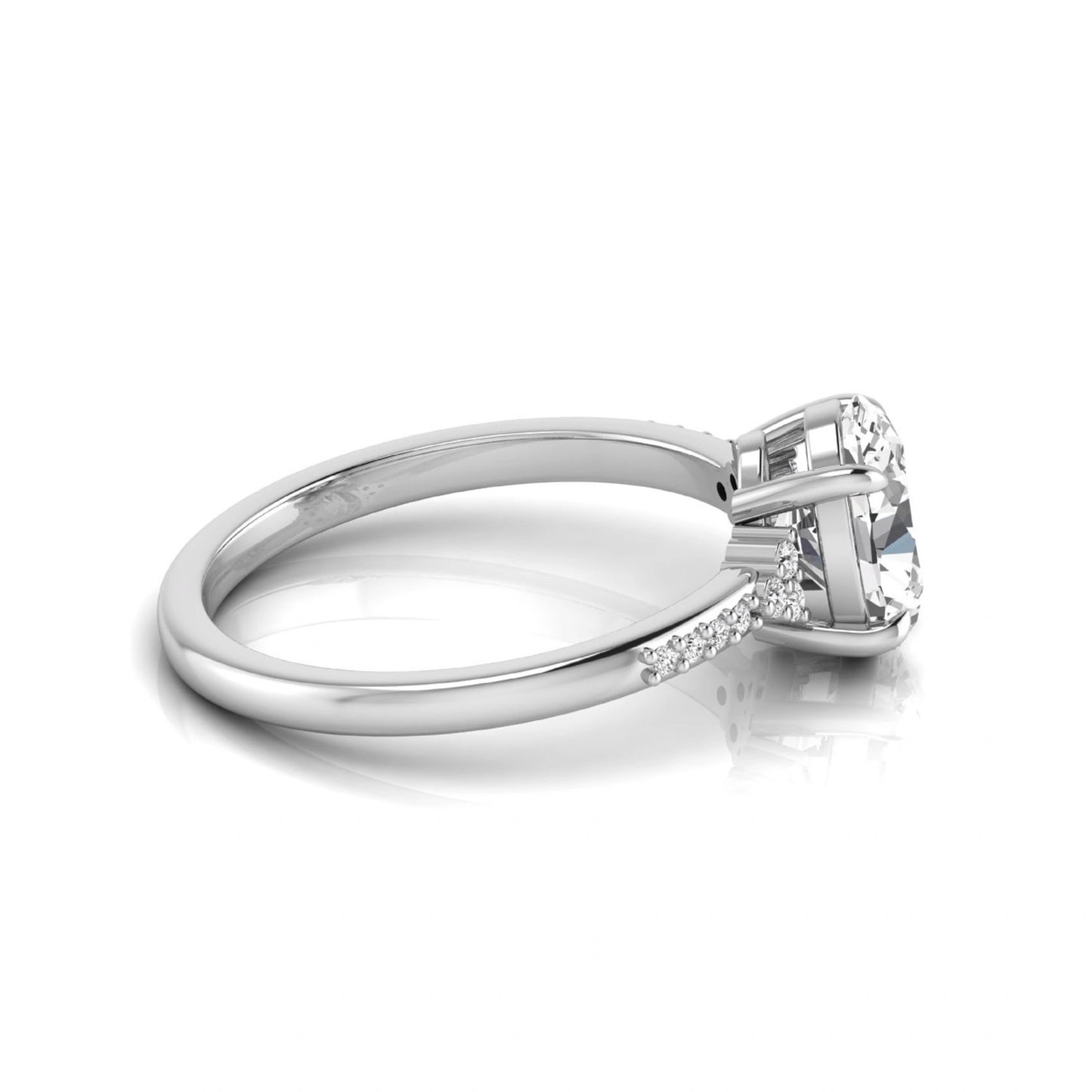 Oval cut lab grown diamond side stone engagement ring featuring a 1.40 carat IGI certified center diamond with round accent diamonds in white gold.