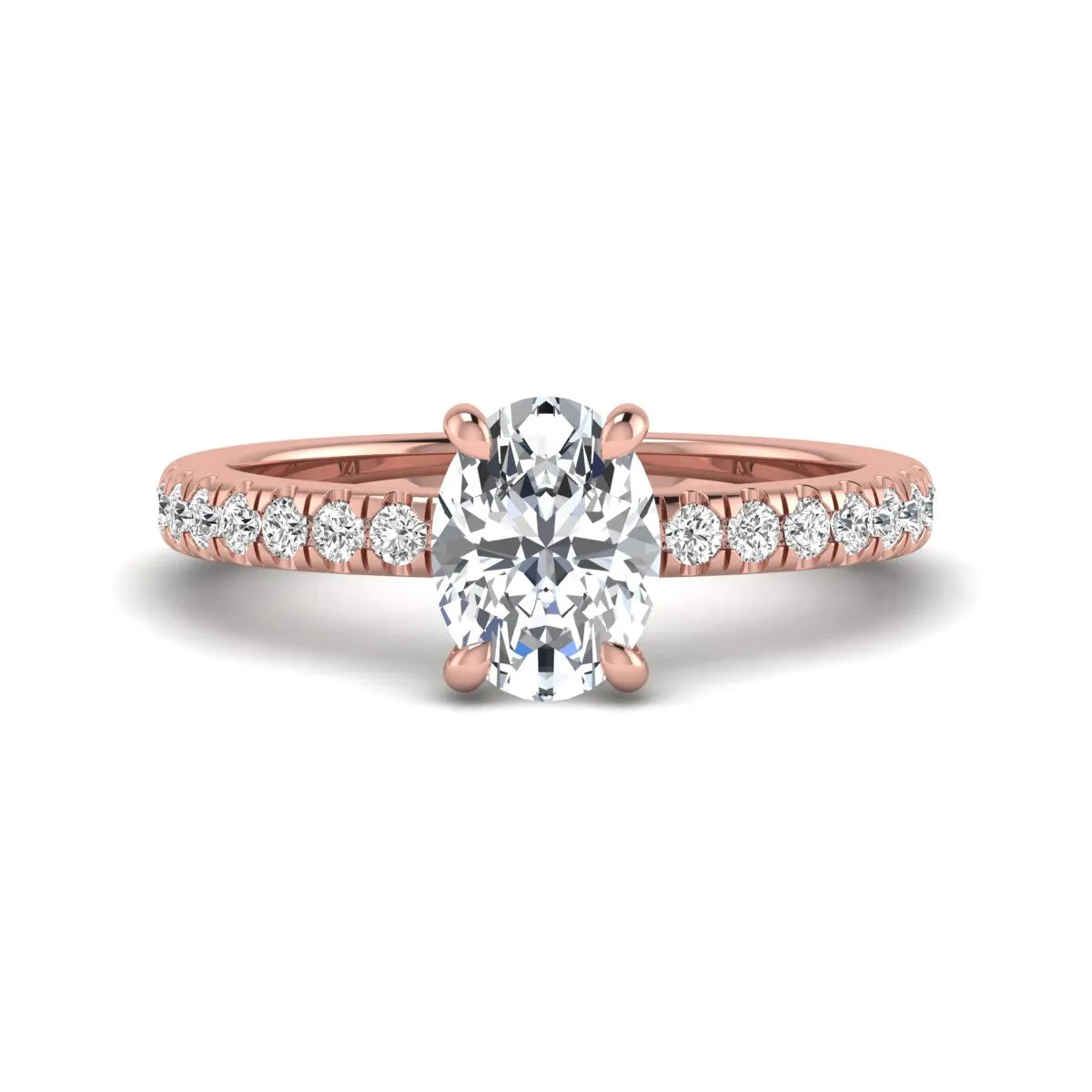 IGI certified oval cut lab grown diamond solitaire accent engagement ring with pavé round diamond band in rose gold.