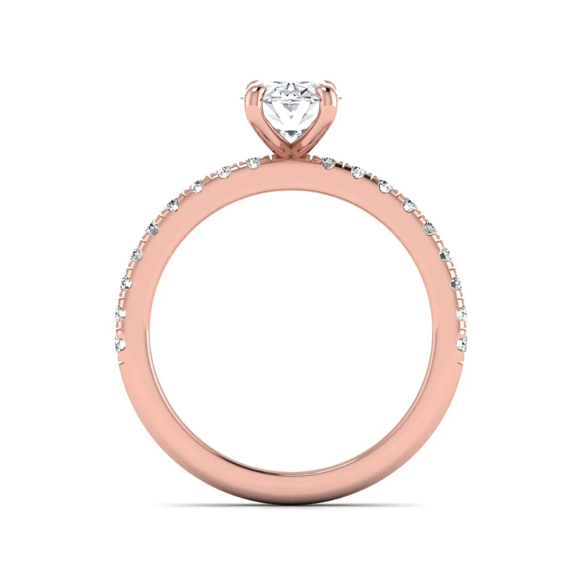IGI certified oval cut lab grown diamond solitaire accent engagement ring with pavé round diamond band in rose gold.