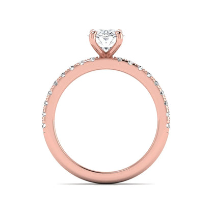 IGI certified oval cut lab grown diamond solitaire accent engagement ring with pavé round diamond band in rose gold.