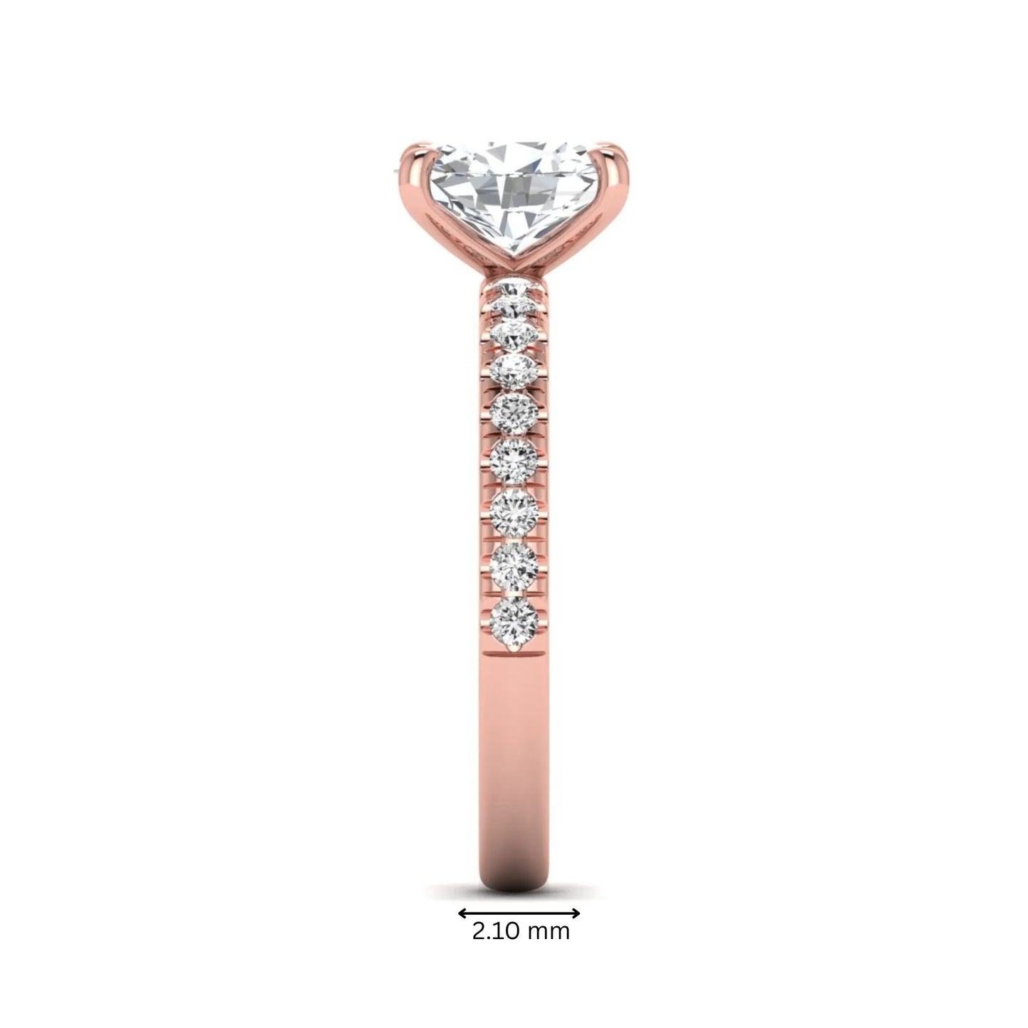 IGI certified oval cut lab grown diamond solitaire accent engagement ring with pavé round diamond band in rose gold.