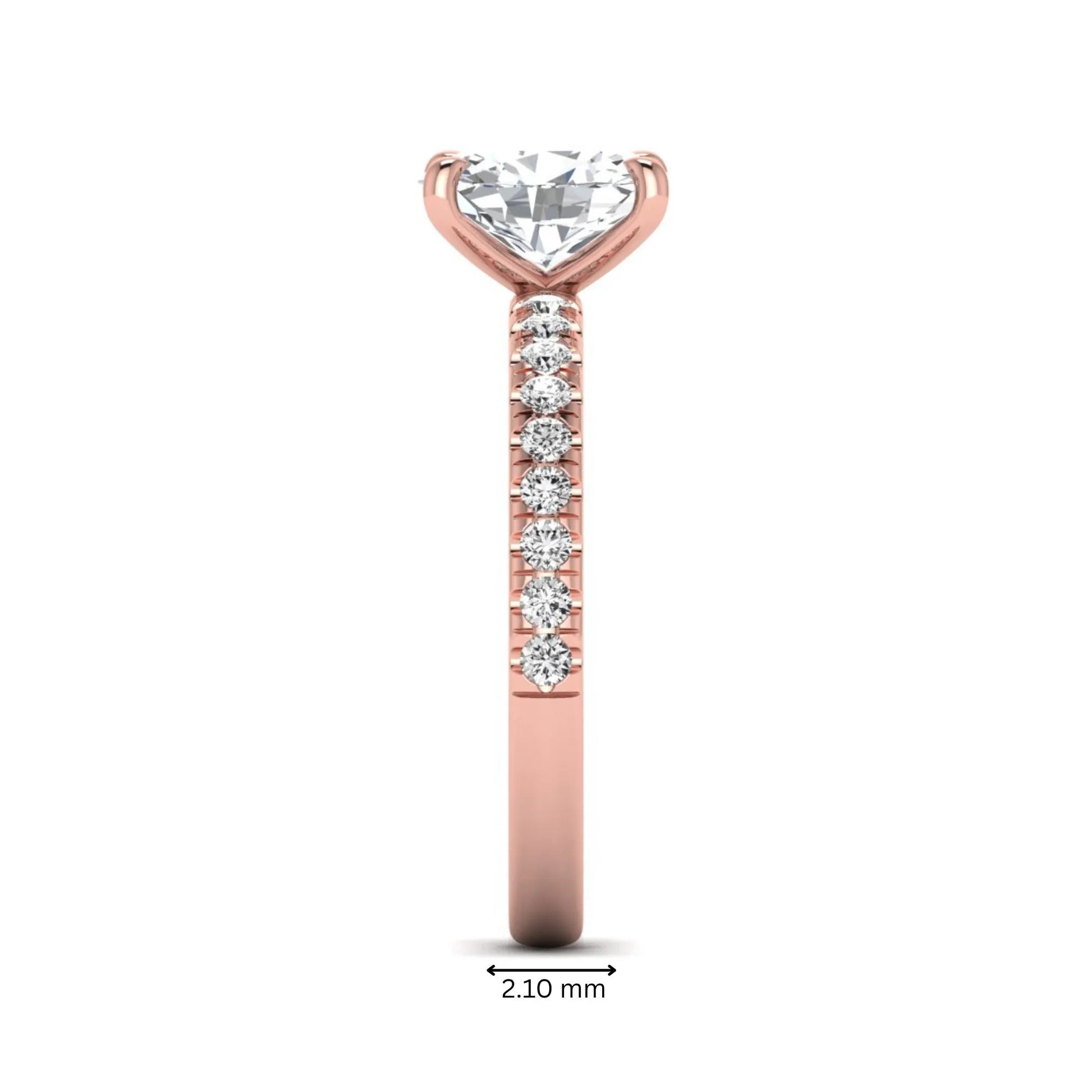 IGI certified oval cut lab grown diamond solitaire accent engagement ring with pavé round diamond band in rose gold.