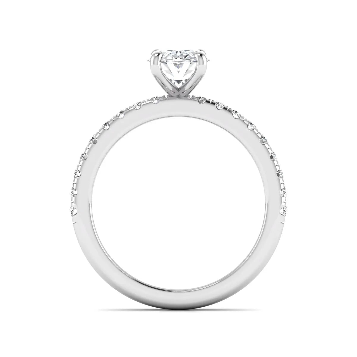 IGI certified oval cut lab grown diamond solitaire accent engagement ring with pavé round diamond band in white gold.