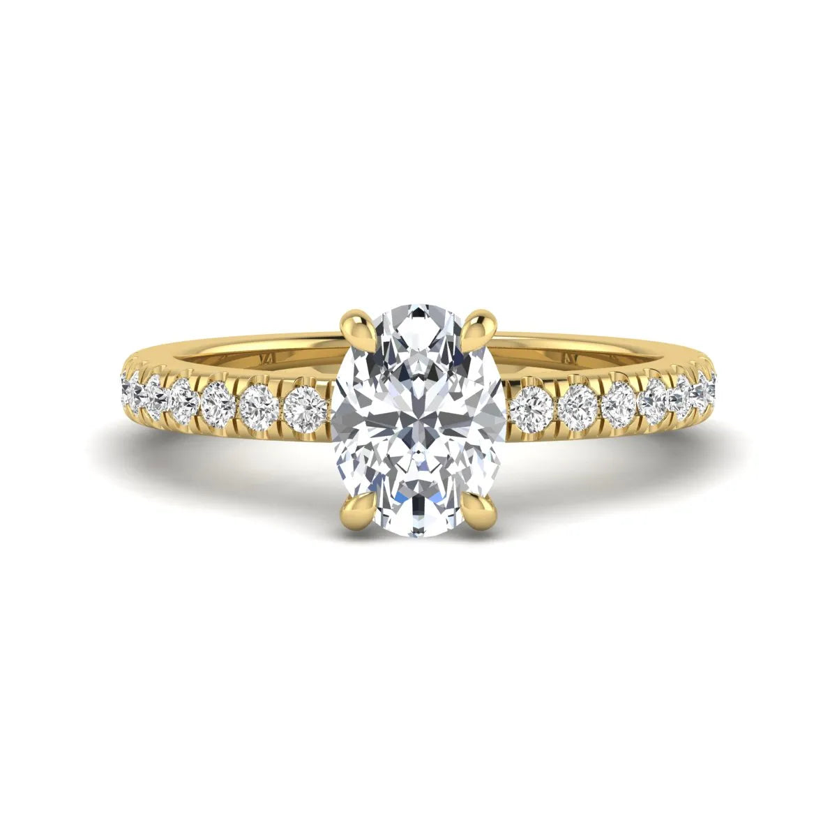 IGI certified oval cut lab grown diamond solitaire accent engagement ring with pavé round diamond band in yellow gold.