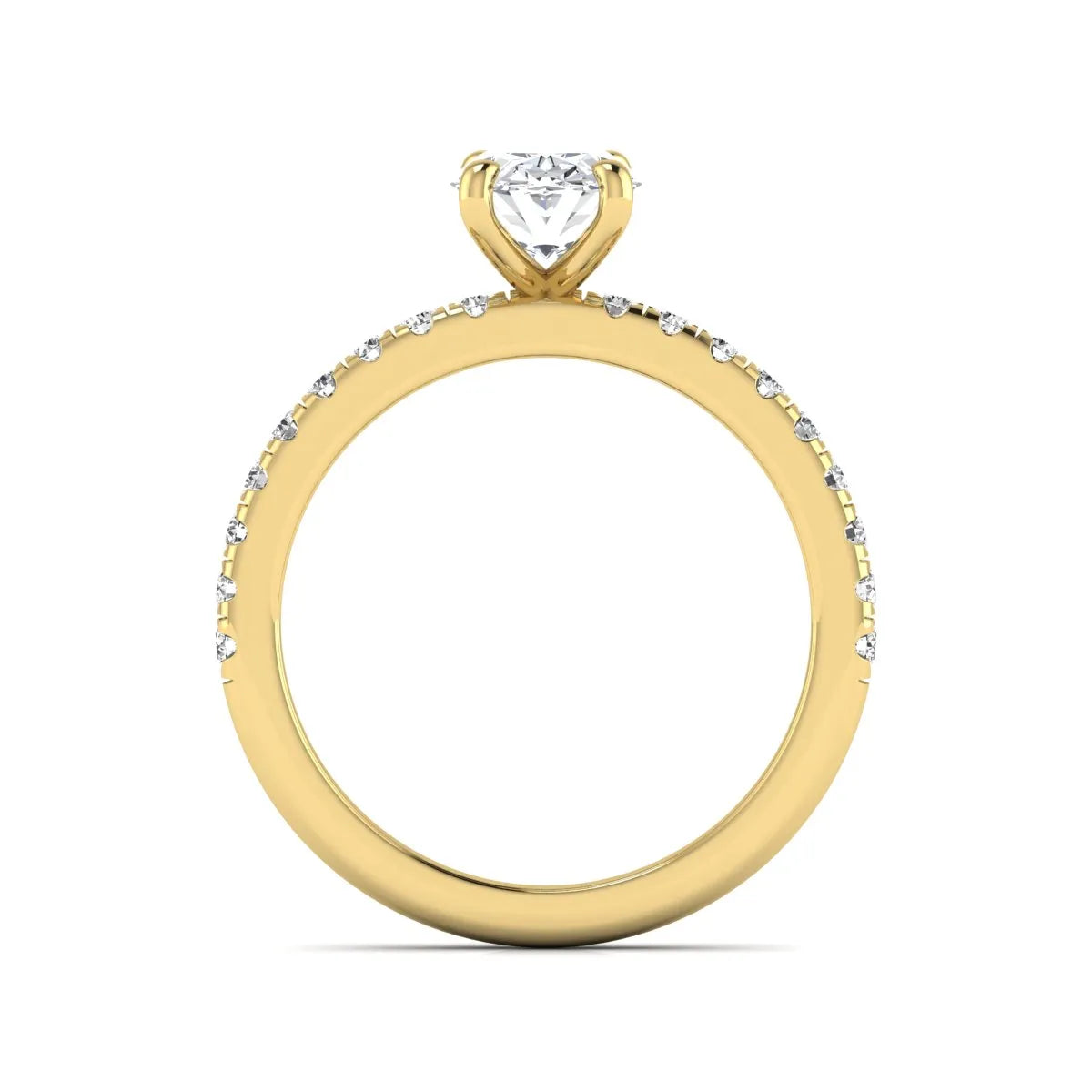 IGI certified oval cut lab grown diamond solitaire accent engagement ring with pavé round diamond band in yellow gold.