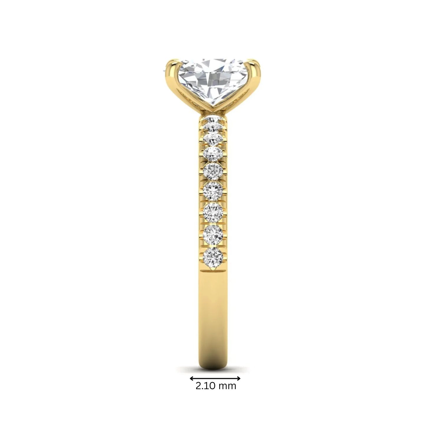 IGI certified oval cut lab grown diamond solitaire accent engagement ring with pavé round diamond band in yellow gold.