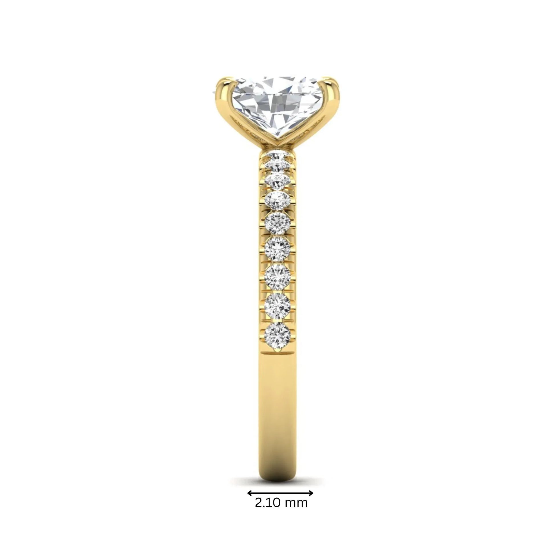 IGI certified oval cut lab grown diamond solitaire accent engagement ring with pavé round diamond band in yellow gold.