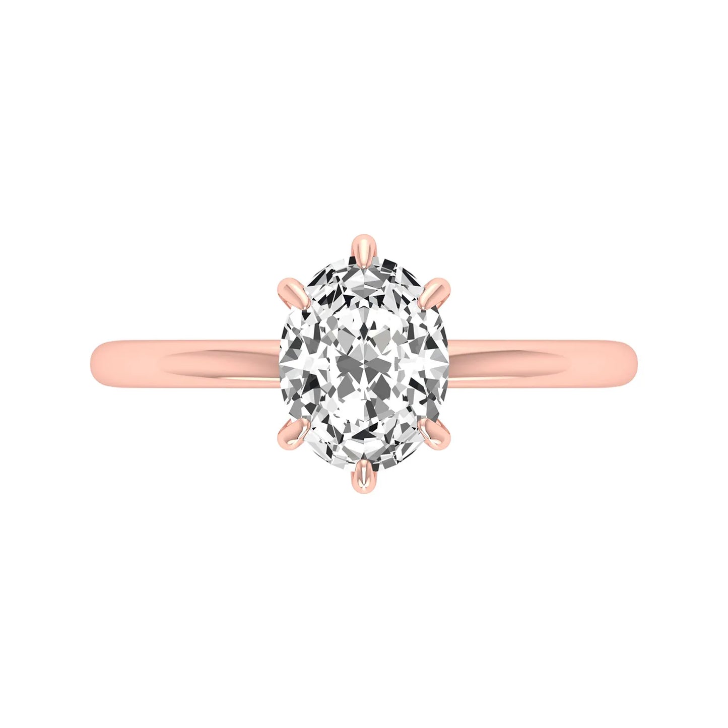 Oval cut lab grown diamond solitaire engagement ring featuring a 1.15 carat IGI certified center diamond in a classic six-prong setting in rose gold