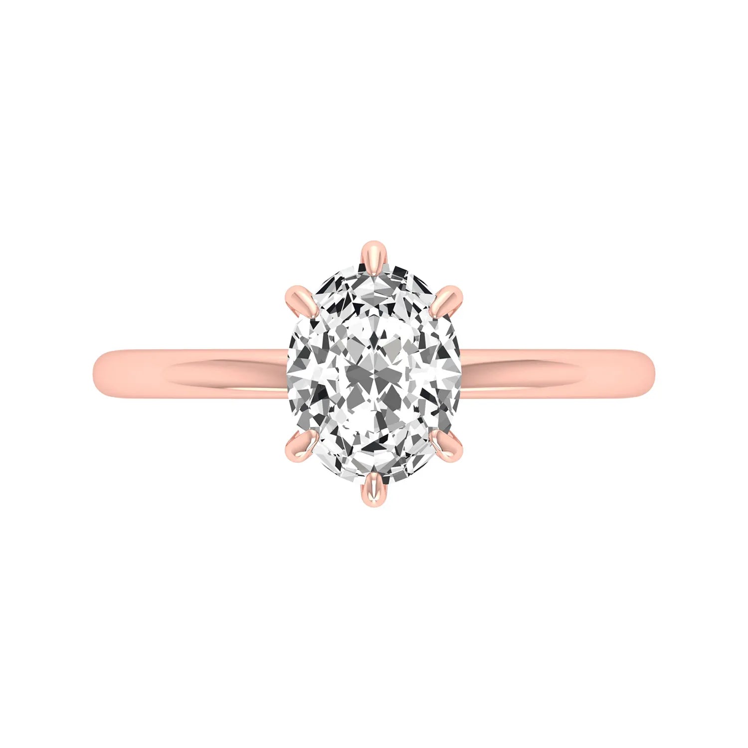 Oval cut lab grown diamond solitaire engagement ring featuring a 1.15 carat IGI certified center diamond in a classic six-prong setting in rose gold