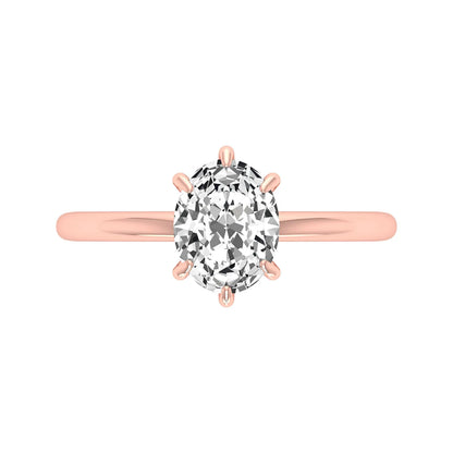 Oval cut lab grown diamond solitaire engagement ring featuring a 1.15 carat IGI certified center diamond in a classic six-prong setting in rose gold