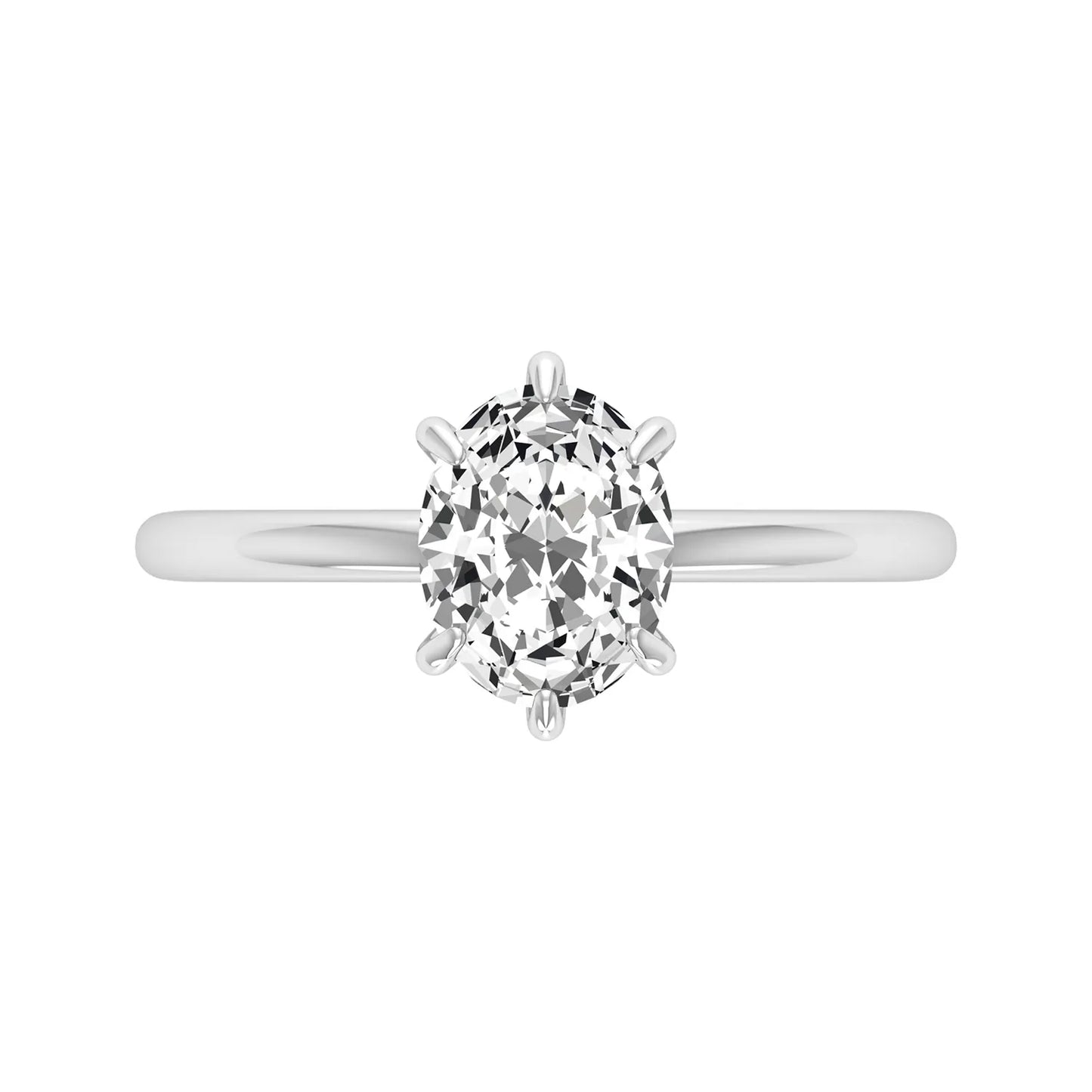Oval cut lab grown diamond solitaire engagement ring featuring a 1.15 carat IGI certified center diamond in a classic six-prong setting in white gold