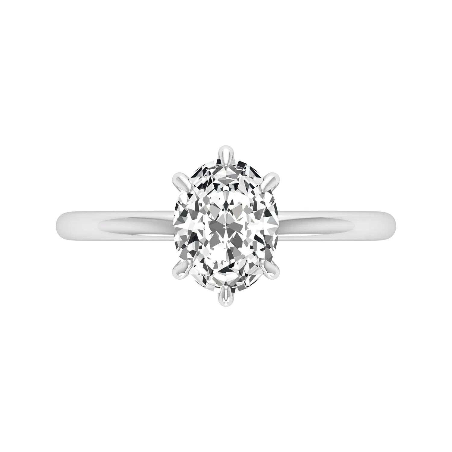 Oval cut lab grown diamond solitaire engagement ring featuring a 1.15 carat IGI certified center diamond in a classic six-prong setting in white gold