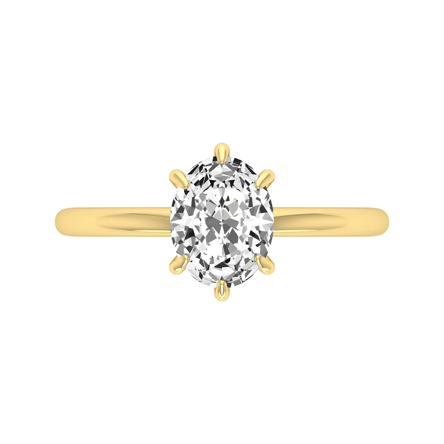 Oval cut lab grown diamond solitaire engagement ring featuring a 1.15 carat IGI certified center diamond in a classic six-prong setting in yellow gold