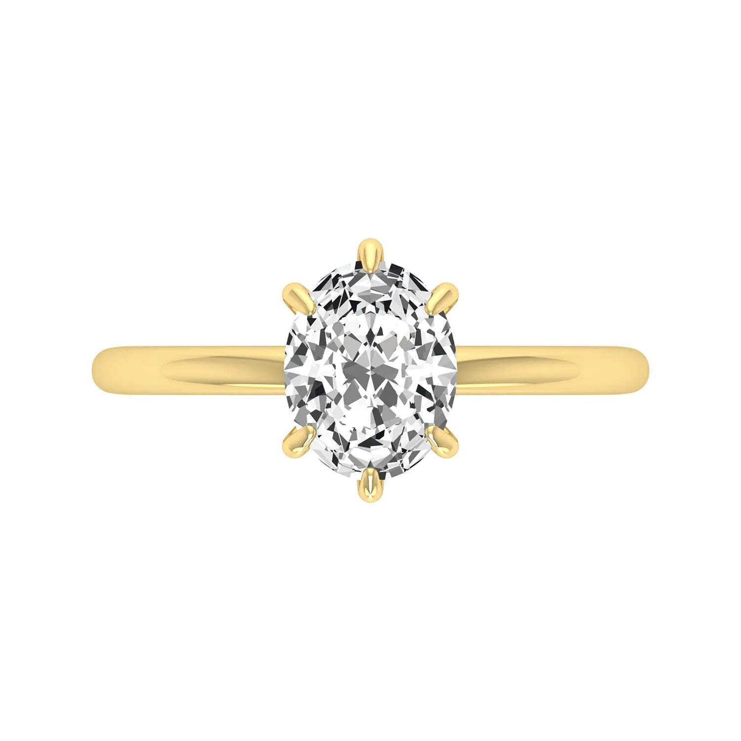 Oval cut lab grown diamond solitaire engagement ring featuring a 1.15 carat IGI certified center diamond in a classic six-prong setting in yellow gold