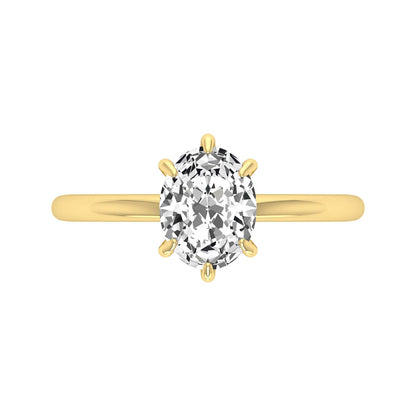 Oval cut lab grown diamond solitaire engagement ring featuring a 1.15 carat IGI certified center diamond in a classic six-prong setting in yellow gold