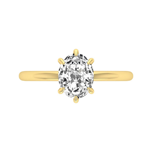 Oval cut lab grown diamond solitaire engagement ring featuring a 1.15 carat IGI certified center diamond in a classic six-prong setting in yellow gold