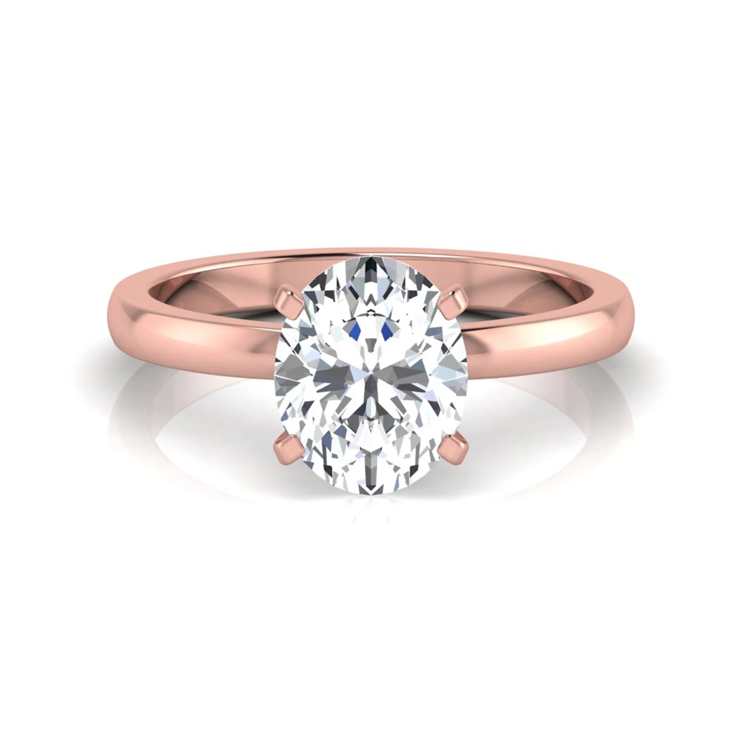 Oval cut lab grown diamond solitaire engagement ring featuring a four-prong setting with a rose gold tone band.