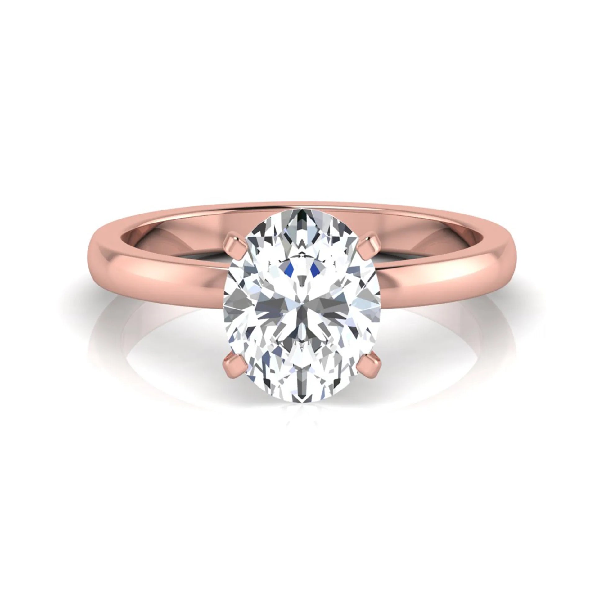 Oval cut lab grown diamond solitaire engagement ring featuring a four-prong setting with a rose gold tone band.