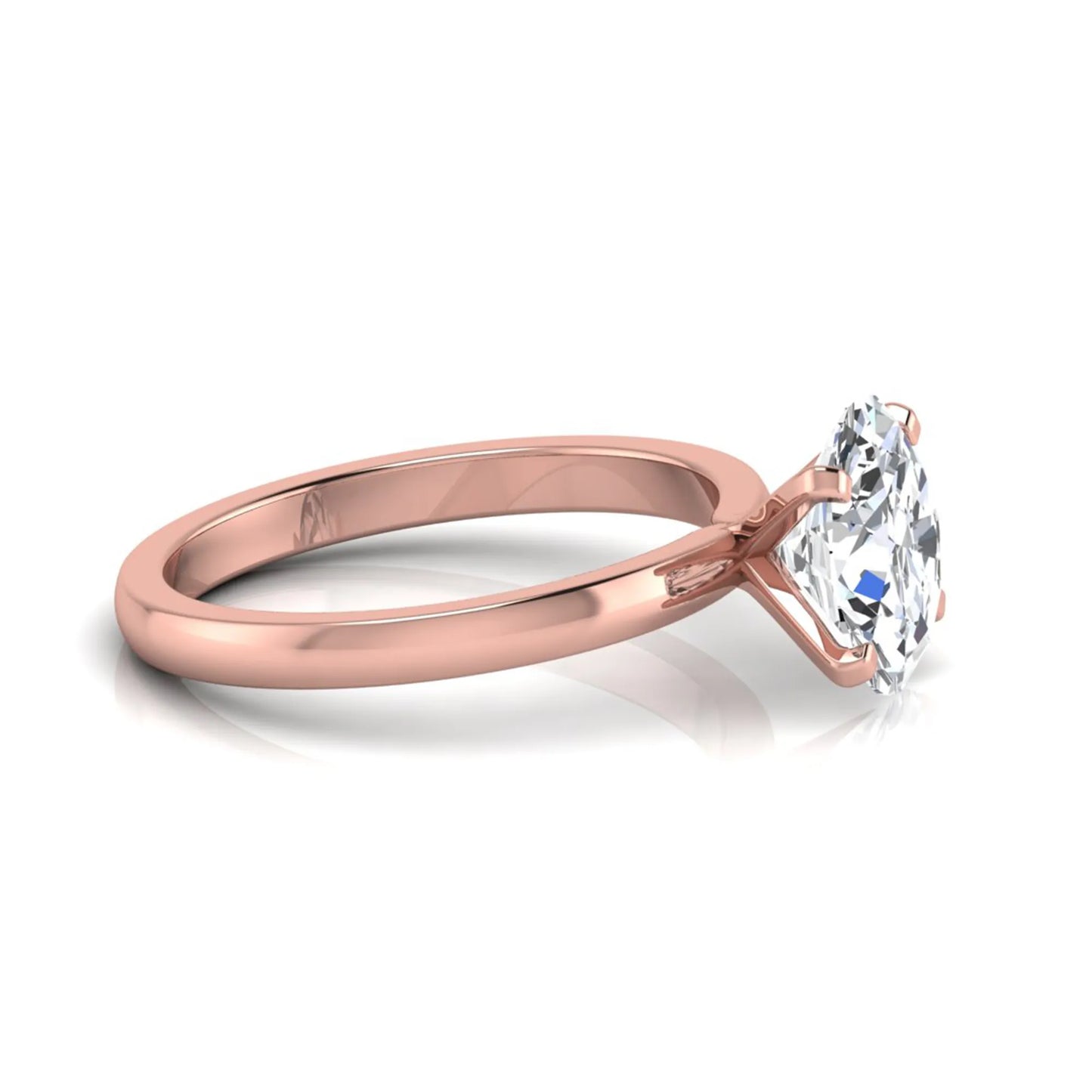 Oval cut lab grown diamond solitaire engagement ring featuring a four-prong setting with a rose gold tone band.