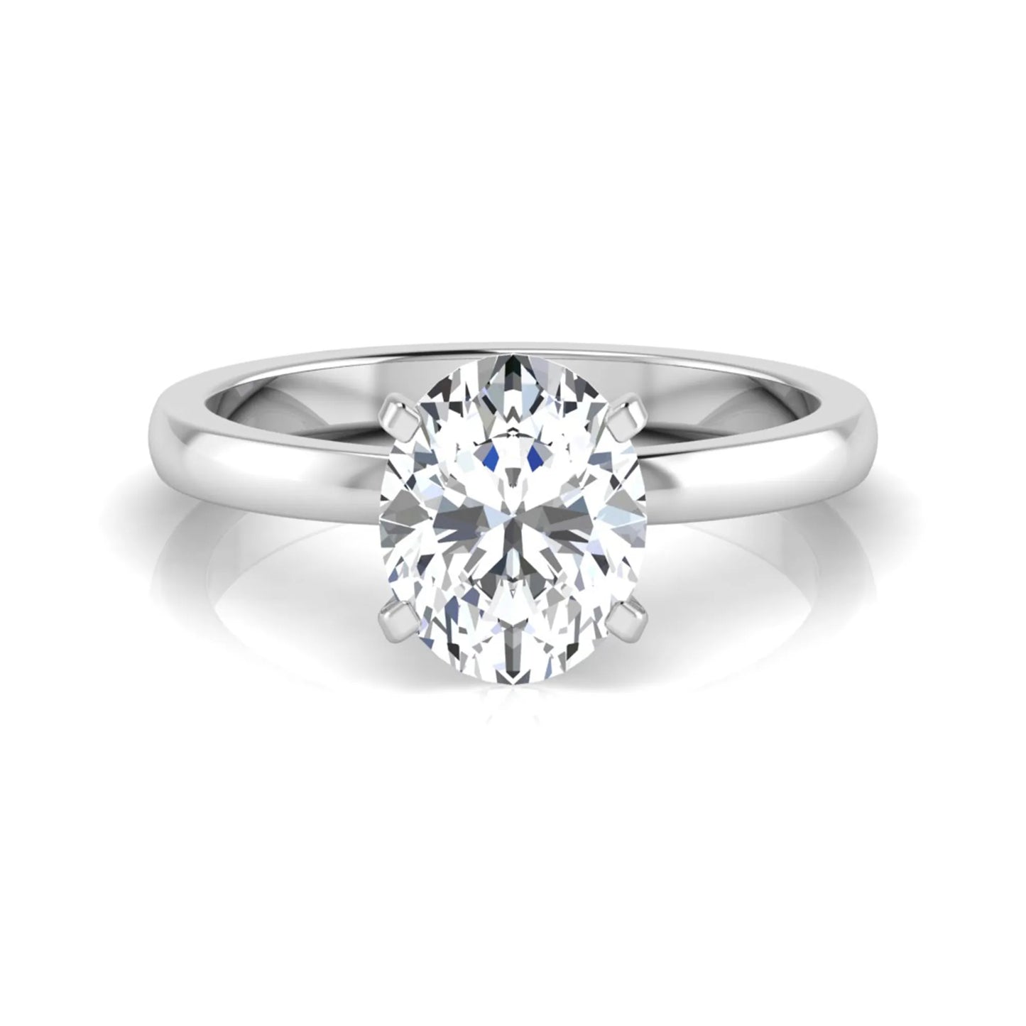 Oval cut lab grown diamond solitaire engagement ring featuring a four-prong setting with a white gold tone band.