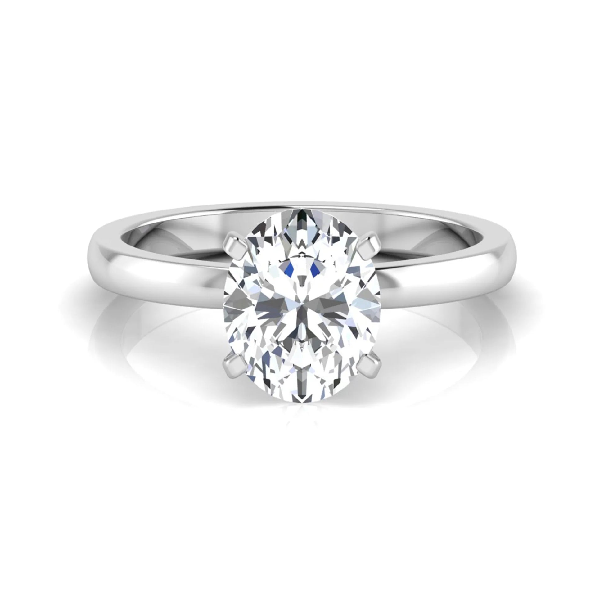 Oval cut lab grown diamond solitaire engagement ring featuring a four-prong setting with a white gold tone band.