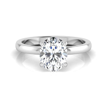 Oval cut lab grown diamond solitaire engagement ring featuring a four-prong setting with a white gold tone band.