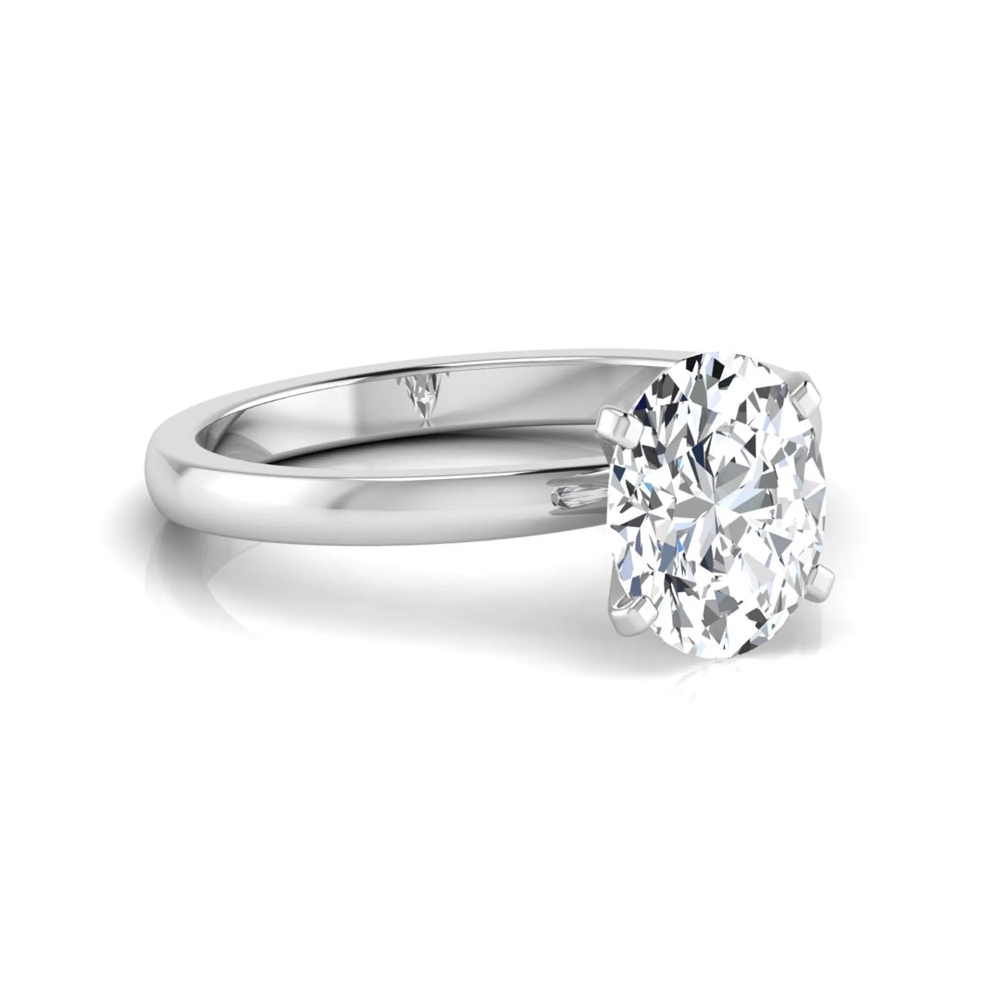 Oval cut lab grown diamond solitaire engagement ring featuring a four-prong setting with a white gold tone band.