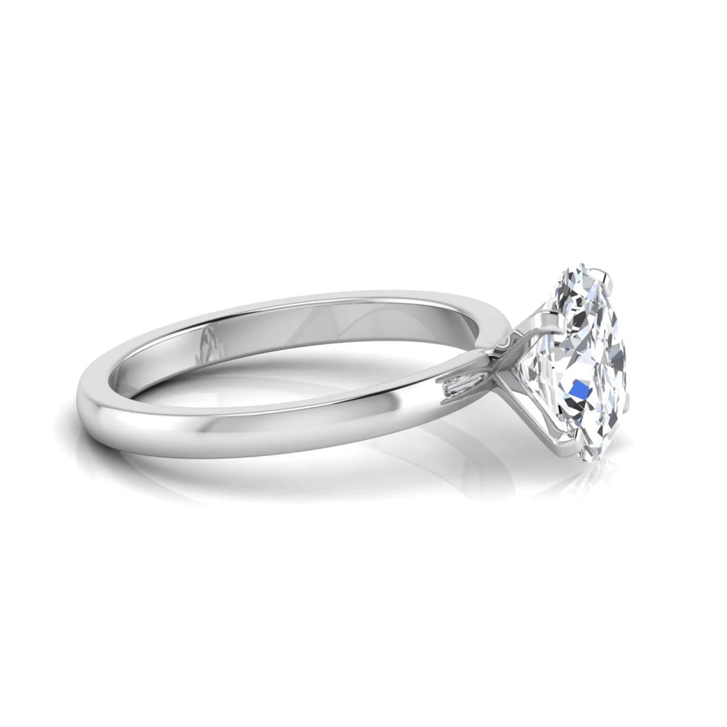Oval cut lab grown diamond solitaire engagement ring featuring a four-prong setting with a white gold tone band.