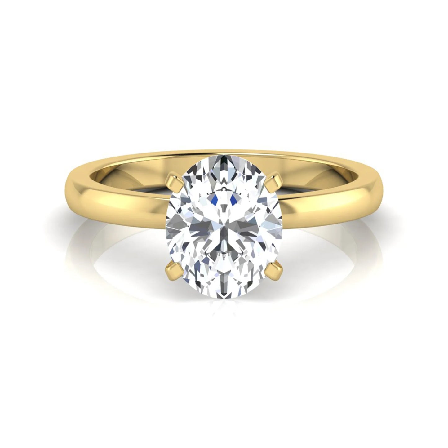 Oval cut lab grown diamond solitaire engagement ring featuring a four-prong setting with a yellow gold tone band.