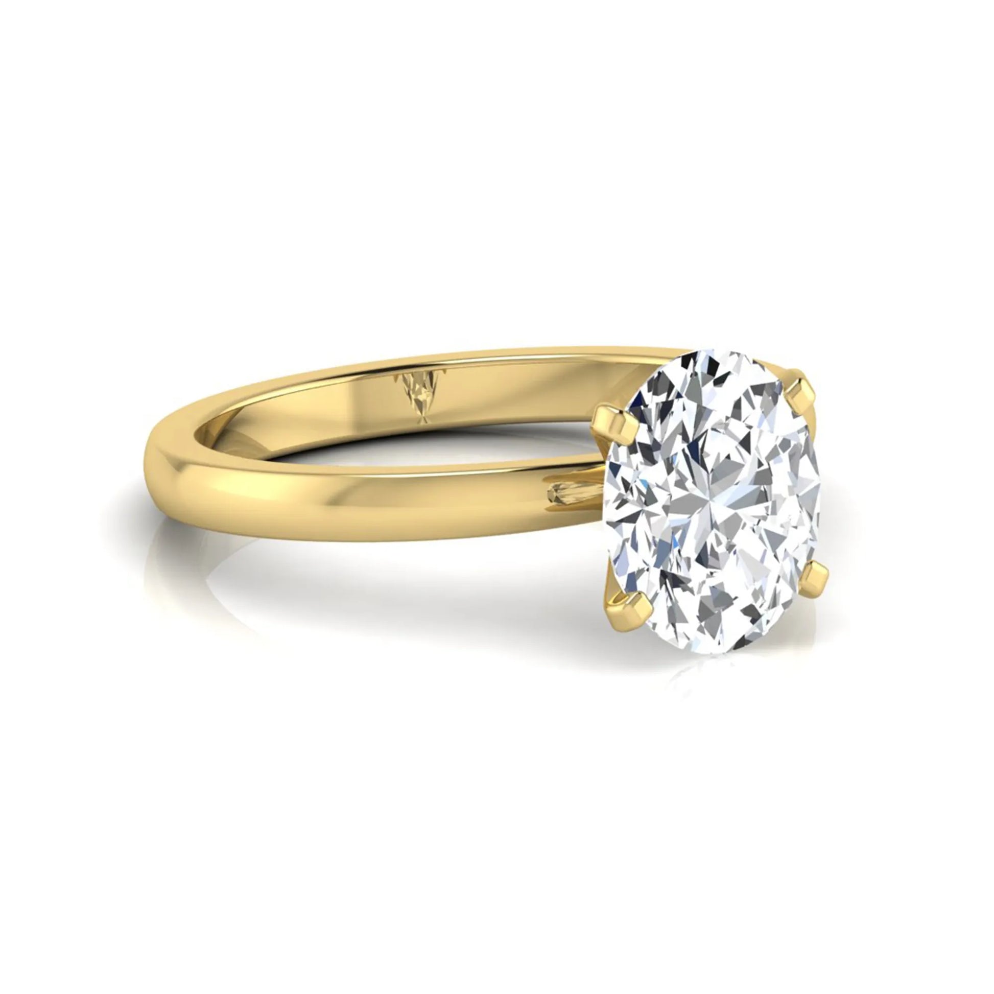 Oval cut lab grown diamond solitaire engagement ring featuring a four-prong setting with a yellow gold tone band.
