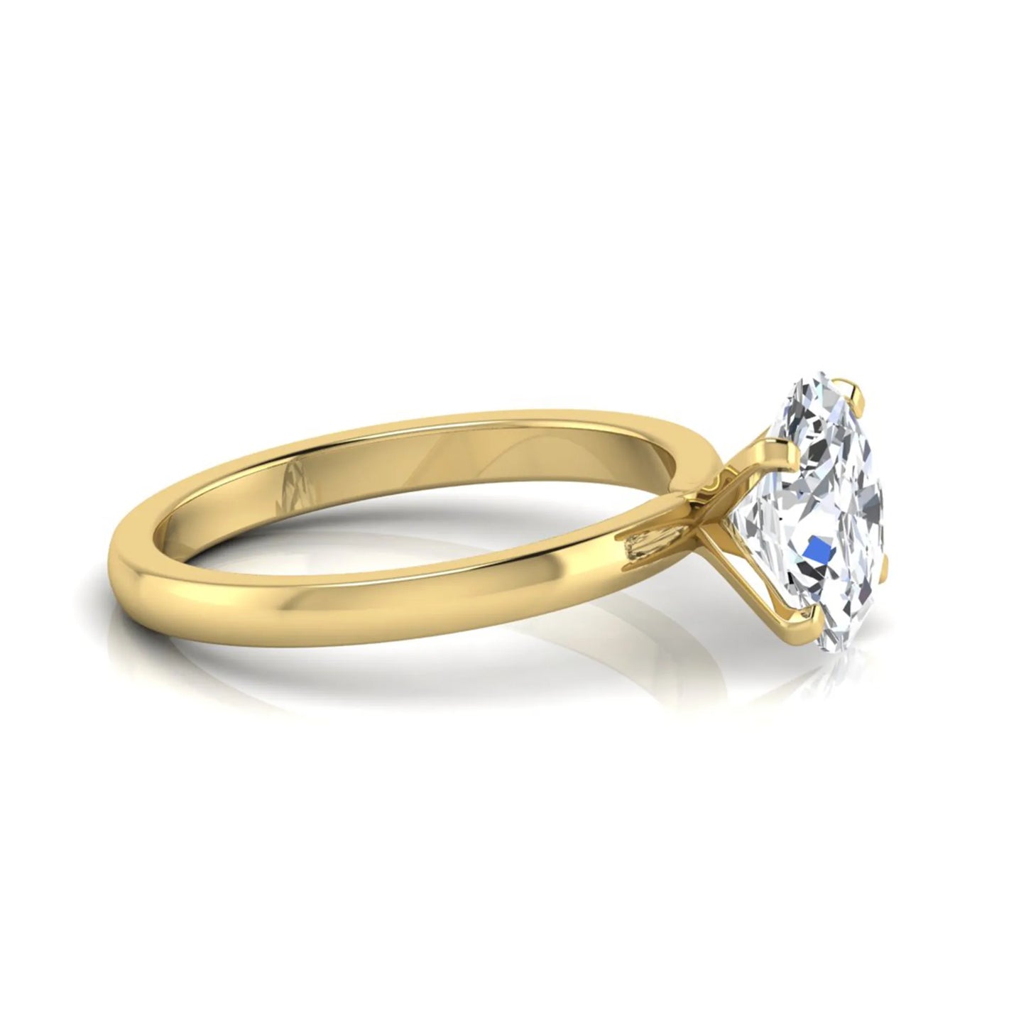 Oval cut lab grown diamond solitaire engagement ring featuring a four-prong setting with a yellow gold tone band.