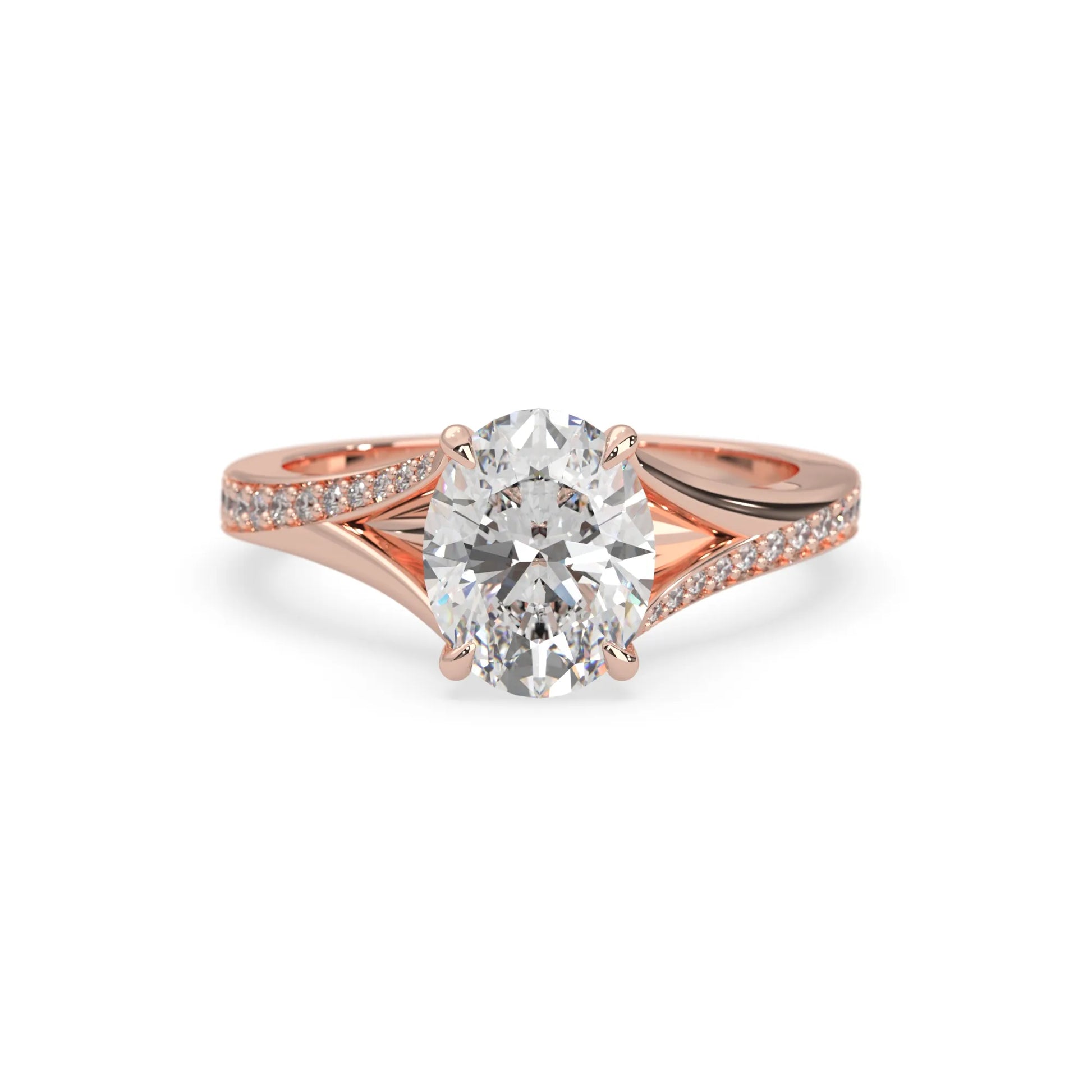 Oval cut lab grown diamond split shank engagement ring with diamond accented band in rose gold