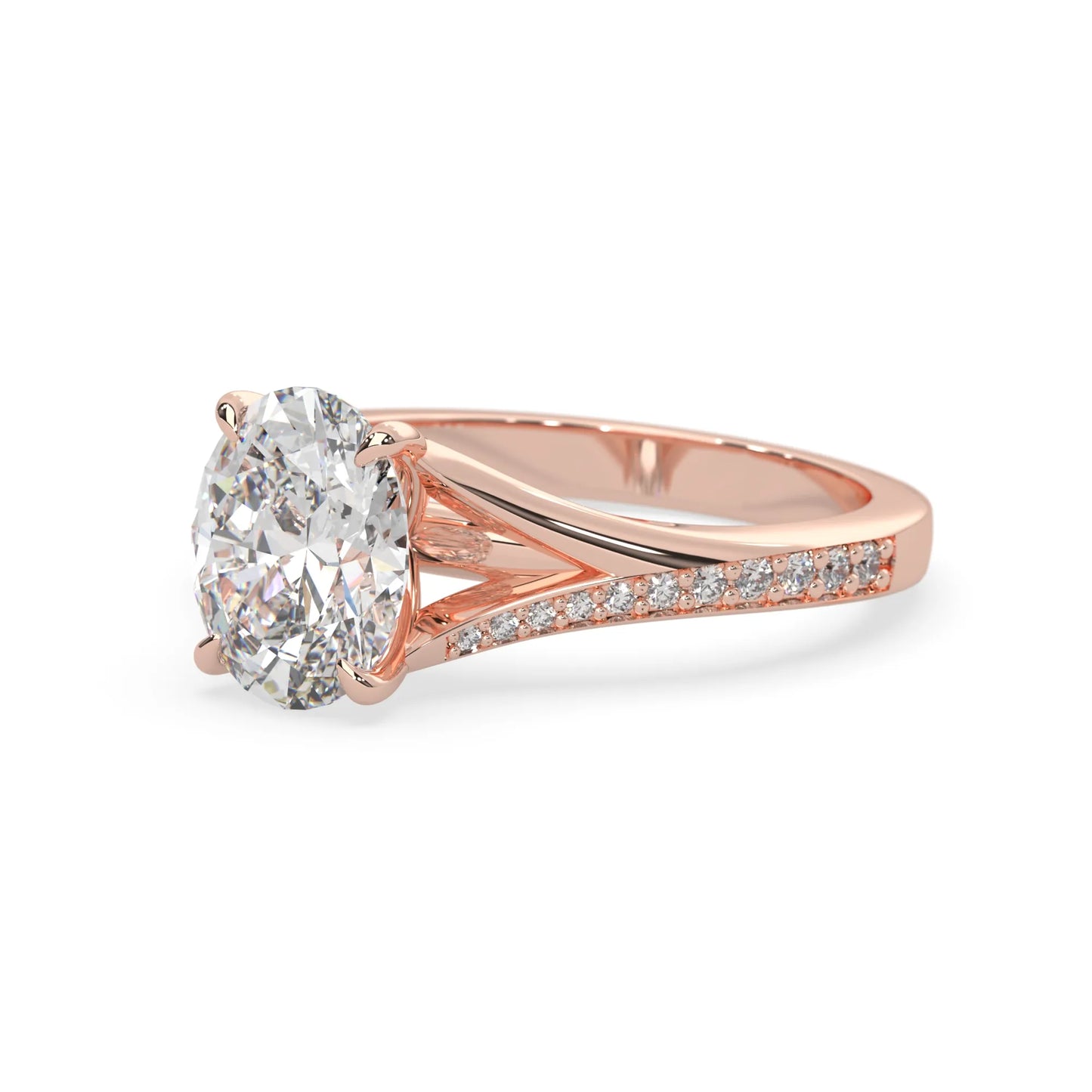 Oval cut lab grown diamond split shank engagement ring with diamond accented band in rose gold