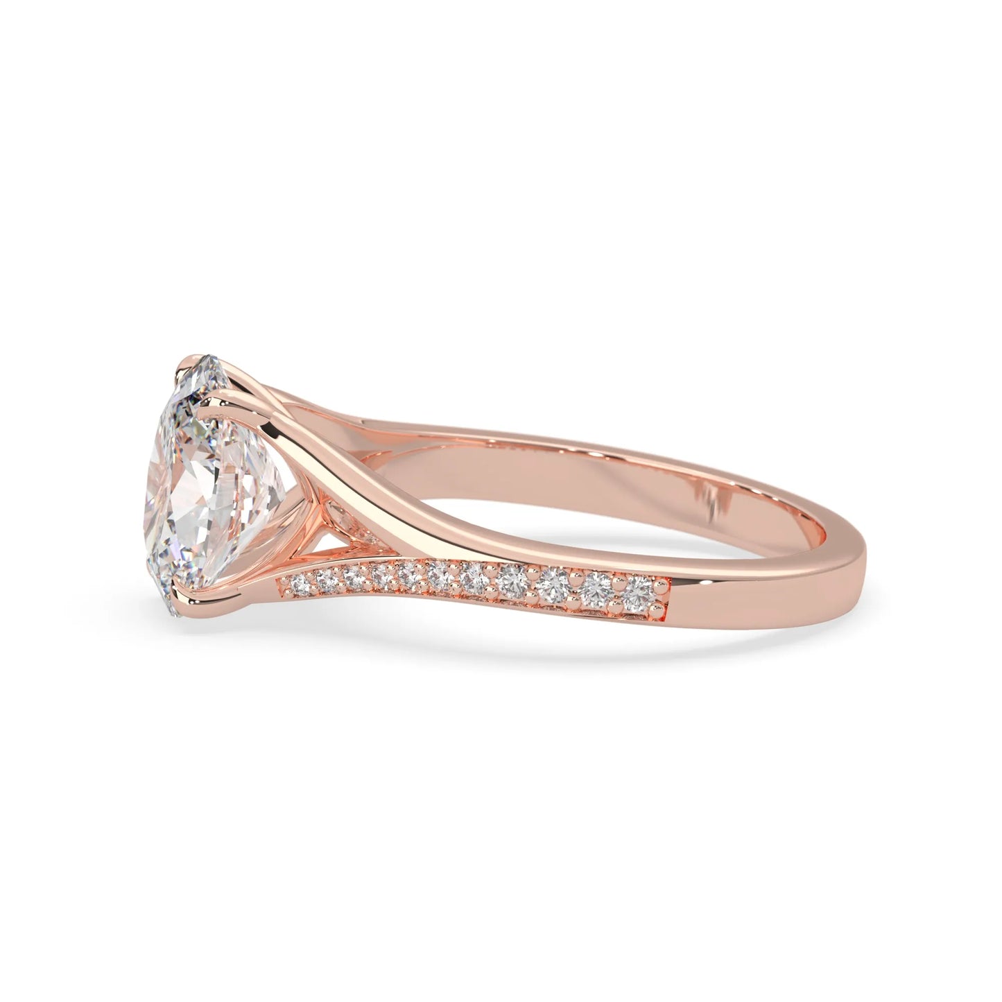 Oval cut lab grown diamond split shank engagement ring with diamond accented band in rose gold