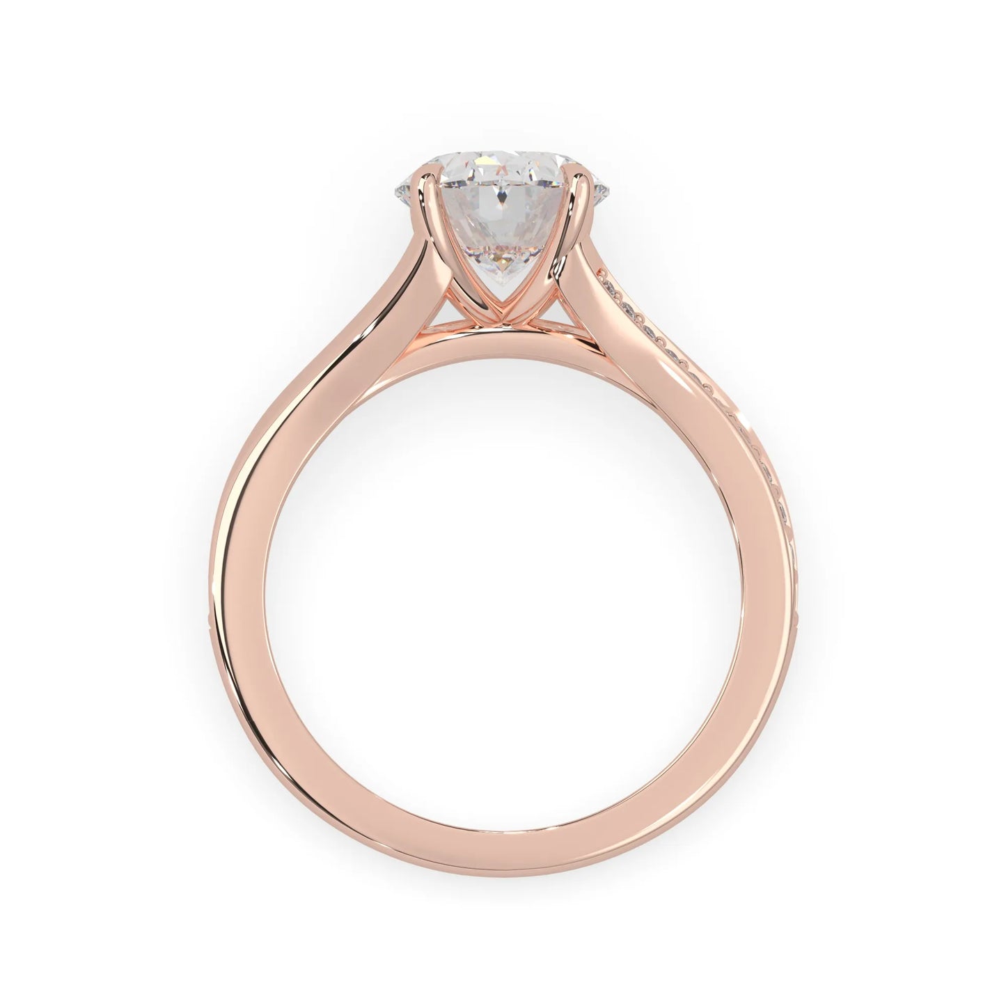 Oval cut lab grown diamond split shank engagement ring with diamond accented band in rose gold