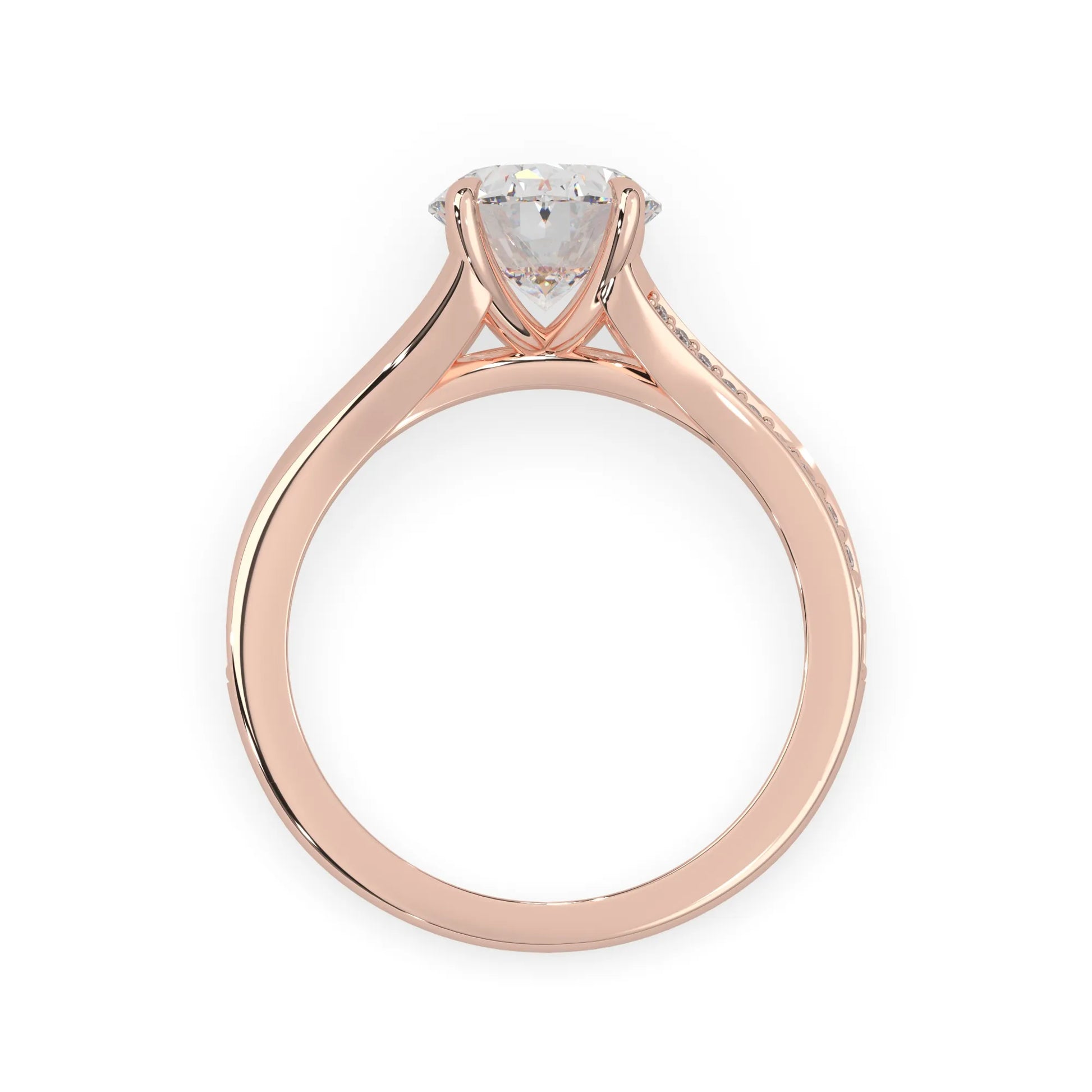 Oval cut lab grown diamond split shank engagement ring with diamond accented band in rose gold