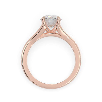 Oval cut lab grown diamond split shank engagement ring with diamond accented band in rose gold
